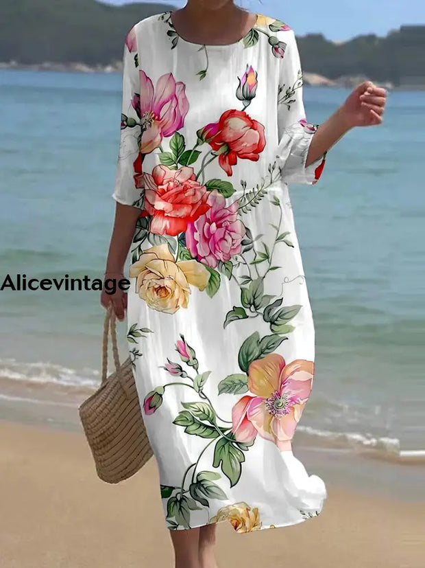 Women’s Retro Floral Art Print Round Neck Maxi Dress