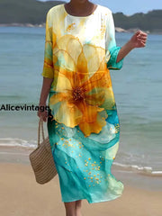 Women’s Retro Floral Art Print Round Neck Maxi Dress