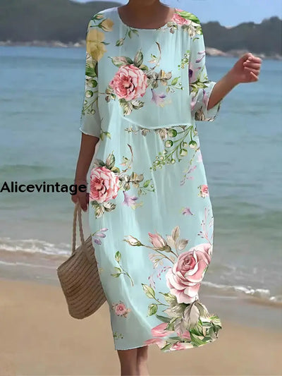 Women’s Retro Floral Art Print Round Neck Maxi Dress