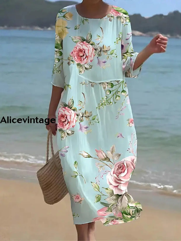 Women’s Retro Floral Art Print Round Neck Maxi Dress A / S