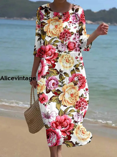 Women’s Retro Floral Art Print Round Neck Short Sleeve Long Dress