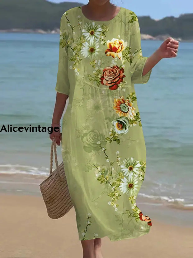 Women’s Retro Floral Art Print Round Neck Short Sleeve Long Dress