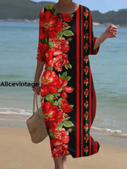 Women’s Retro Floral Art Print Round Neck Short Sleeve Long Dress A / S