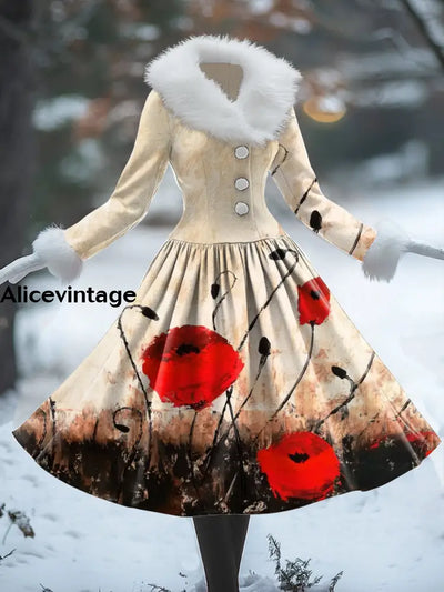 Women’s Retro Floral Art Print V-Neck Fur Collar Long Sleeve 50S Elegant Slim Button Midi Dress A