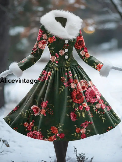 Women’s Retro Floral Art Print V-Neck Fur Collar Long Sleeve 50S Elegant Slim Button Midi Dress A