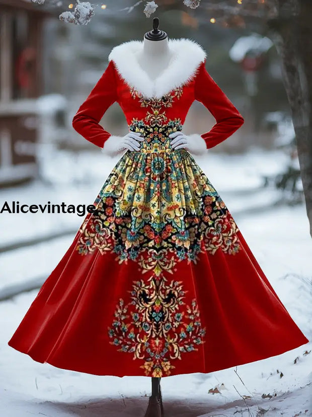 Women’s Retro Floral Art Print V-Shaped Fur Collar Long Sleeve 50S Elegant Slim Midi Dress A / S