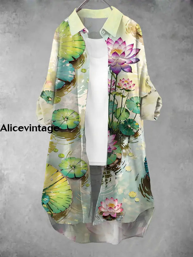 Women’s Retro Lotus Art Print Casual Dress A / S