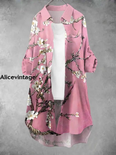 Women’s Retro Peach Blossom Art Print Casual Dress