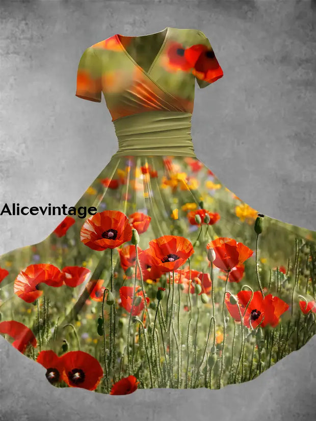 Women’s Retro Poppy Flower Art Print V-Neck Midi Dress