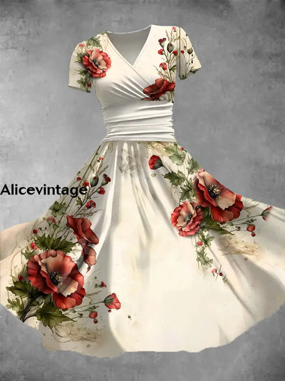 Women’s Retro Poppy Flower Art Print V-Neck Midi Dress A / S