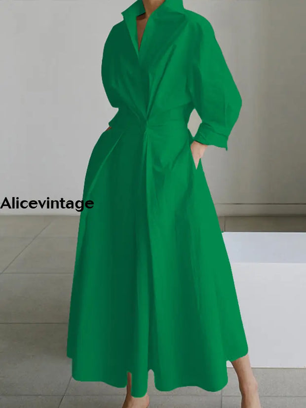 Women’s Retro Print Long Sleeve V-Neck Maxi Dress Green / S