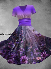 Women’s Retro Purple Floral Butterfly Art Print Short Sleeve Midi Dress