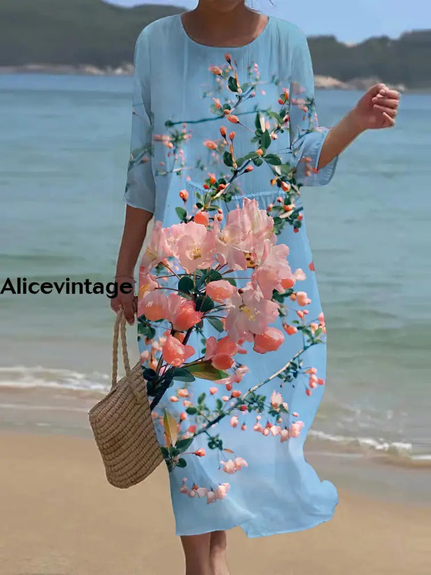 Women’s Retro Round Neck Floral Art Long Dress