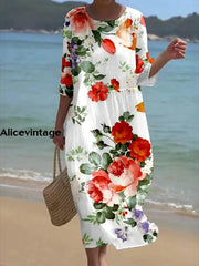 Women’s Retro Round Neck Floral Art Maxi Dress