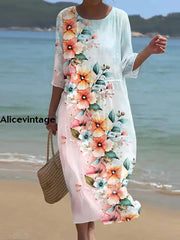 Women’s Retro Round Neck Floral Art Maxi Dress