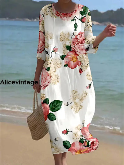 Women’s Retro Round Neck Floral Art Maxi Dress