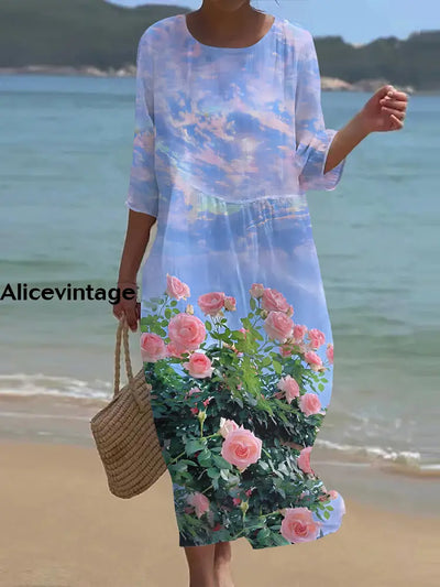 Women’s Retro Round Neck Floral Art Maxi Dress