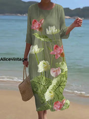 Women’s Retro Round Neck Floral Art Maxi Dress A / M