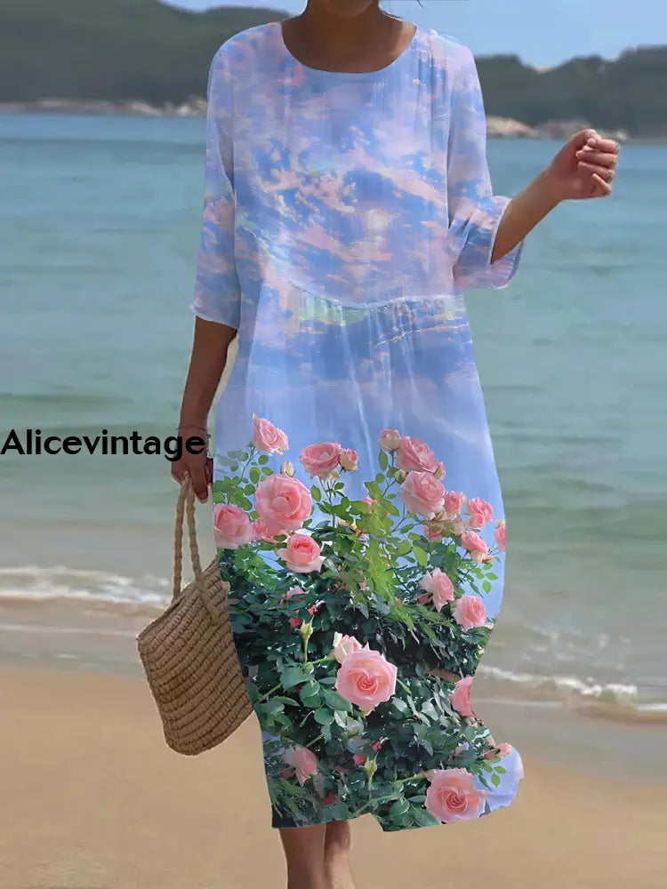 Women’s Retro Round Neck Floral Art Maxi Dress A / S