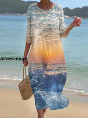 Women’s Retro Round Neck Wave Art Long Dress