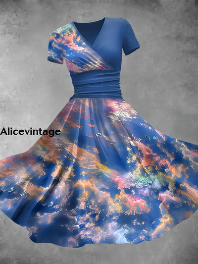 Women’s Retro Sky Art Print V-Neck Midi Dress