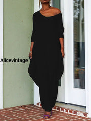 Women’s Retro Solid Color Loose Casual Jumpsuit Black / S