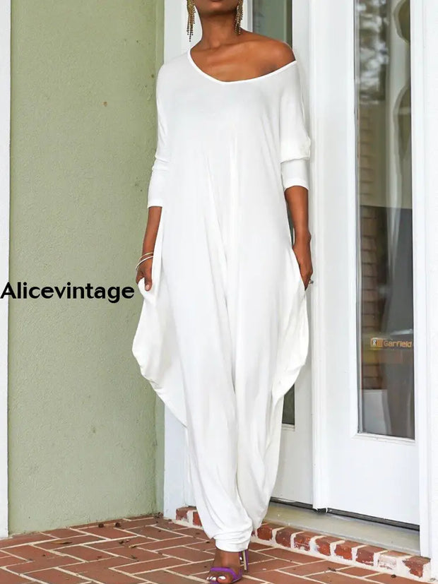 Women’s Retro Solid Color Loose Casual Jumpsuit White / S