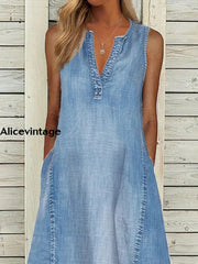 Women’s Retro Solid Color Sleeveless V-Neck Denim Midi Dress