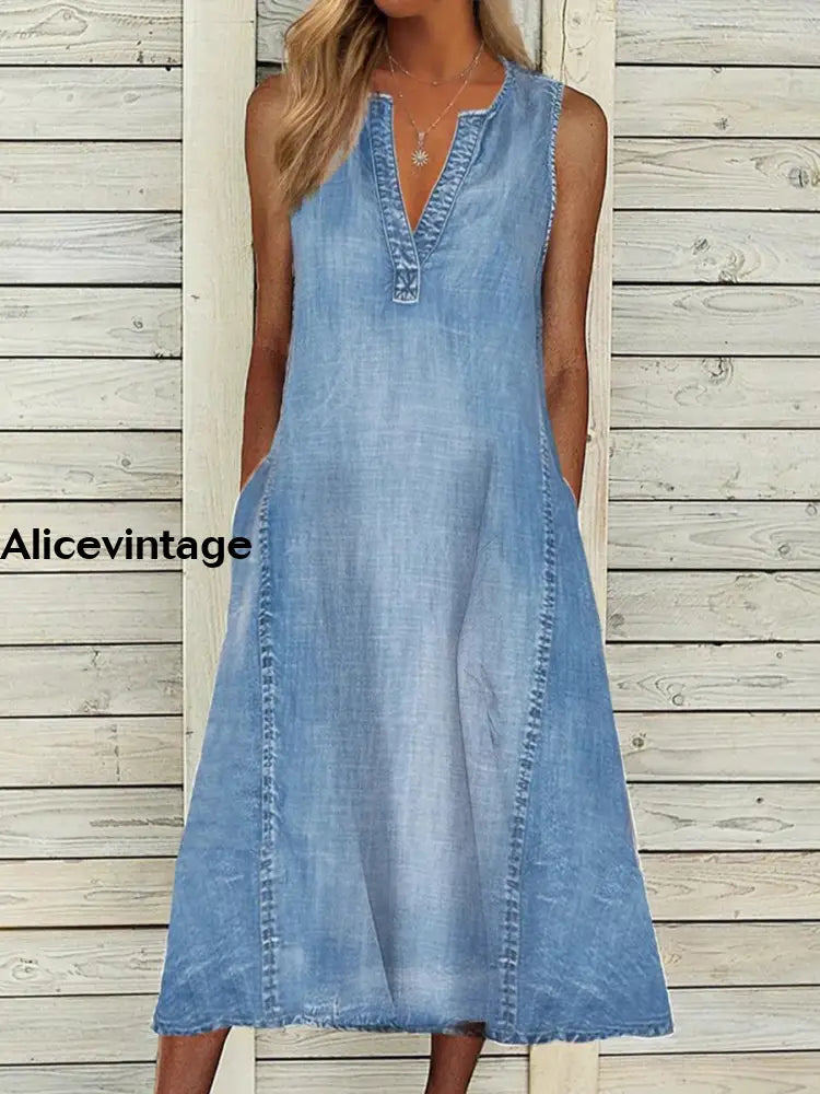 Women’s Retro Solid Color Sleeveless V-Neck Denim Midi Dress Blue / S