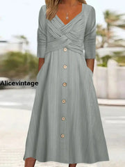 Women’s Retro Solid Color V-Neck Cross Button Midi Dress Gray / S