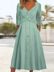 Women’s Retro Solid Color V-Neck Cross Button Midi Dress Green / S