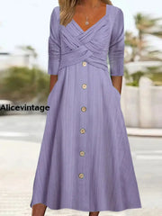 Women’s Retro Solid Color V-Neck Cross Button Midi Dress Purple / S