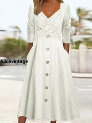 Women’s Retro Solid Color V-Neck Cross Button Midi Dress White / S