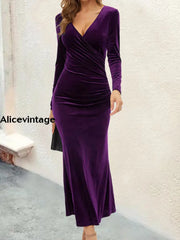 Women’s Retro Solid Color V-Neck Hip Lift Maxi Dress Deep Purple / S