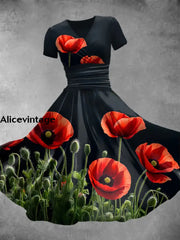 Women’s Retro V-Neck Poppy Art Print Short Sleeve Casual Dress