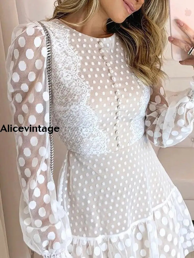 Women’s Retro White Polka Dot Round Neck Midi Dress