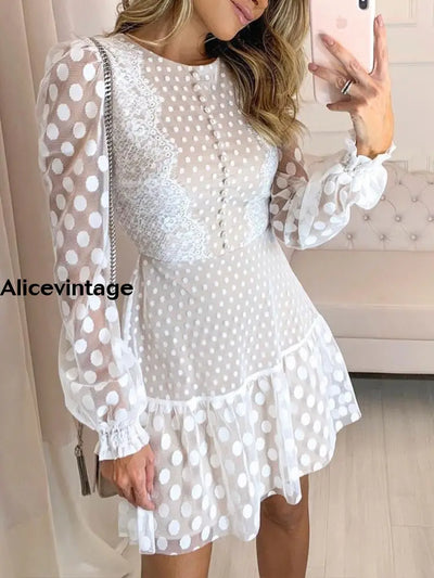 Women’s Retro White Polka Dot Round Neck Midi Dress / S