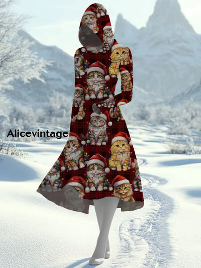 Women’s Stylish And Elegant Christmas Art Print Hooded Long Sleeve Midi Dress A / S