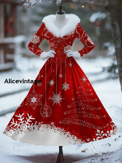 Women’s Stylish And Elegant Christmas Art Print V-Neck Fur Collar Long Sleeve Dress A / S