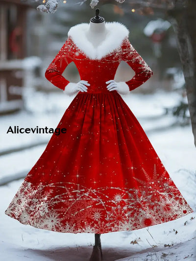 Women’s Stylish And Elegant Christmas Art Print V-Neck Fur Collar Long Sleeve Dress A / S