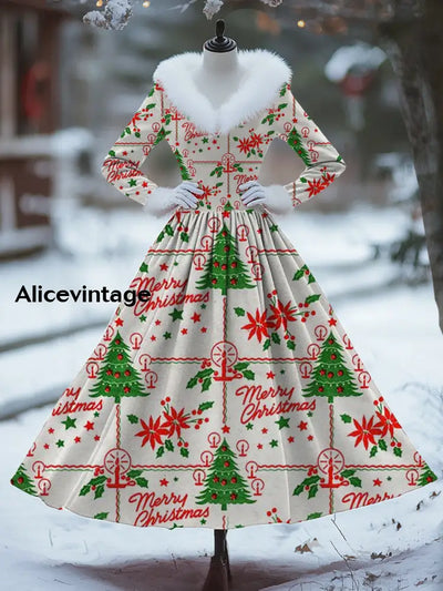 Women’s Stylish And Elegant Christmas Art Print V-Neck Fur Collar Long Sleeve Dress A / S