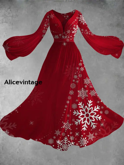 Women’s Stylish And Elegant Christmas Art Print V-Neck Long Sleeve Dress A / S