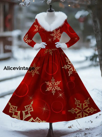 Women’s Stylish Elegant Christmas Art Print V-Neck Fur Collar Long Sleeve Dress A / S