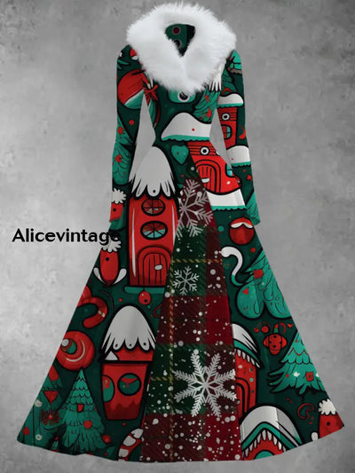 Women’s Stylish Elegant Christmas Art Print V-Neck Fur Collar Long Sleeve Fake Two-Piece Dress A / S