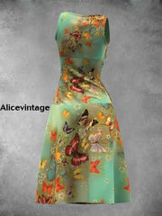 Women’s Summer Vintage Butterfly Sleeveless Midi Dress