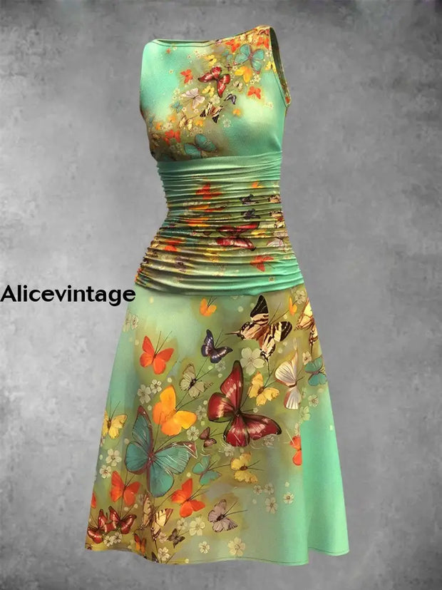 Women’s Summer Vintage Butterfly Sleeveless Midi Dress Color / S