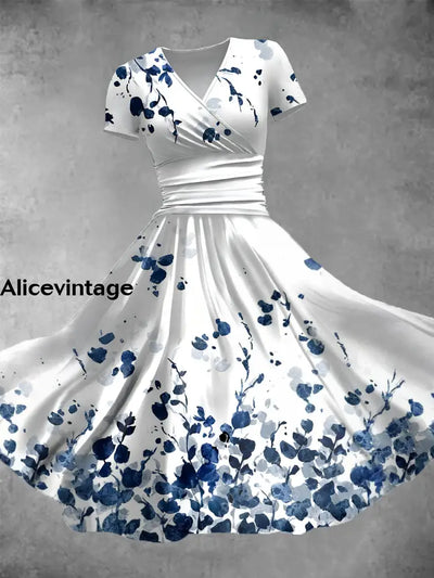 Women’s Vintage Blue Leaf Art Print V Neck Maxi Dress