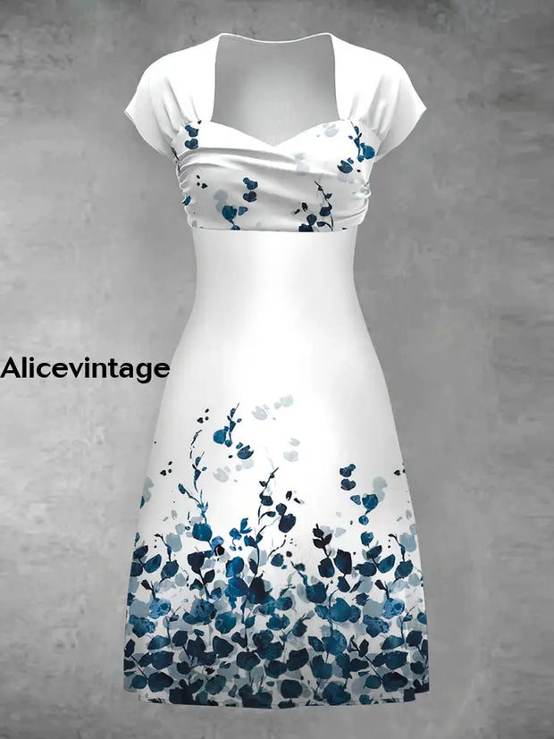 Women’s Vintage Blue Leaf Art Print V-Neck Midi Dress