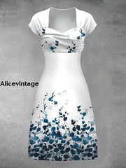 Women’s Vintage Blue Leaf Art Print V-Neck Midi Dress A / S