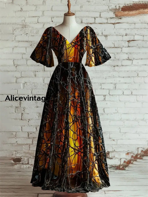 Women’s Vintage Buildings Art Print V Neck Short Sleeve Elegant Midi Dress A / S